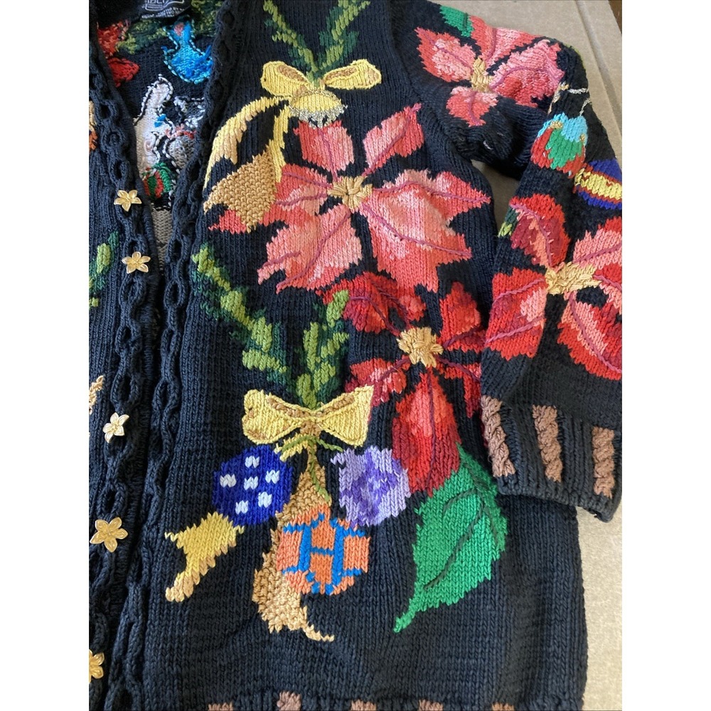 VTG Berek Marta D Hand-Knit Christmas Cardigan Reindeer Sweater Poinsettias Bla - Picture 6 of 9